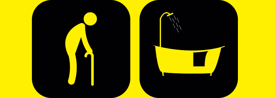 Artwork of an elderly symbol and bathtub in yellow background.