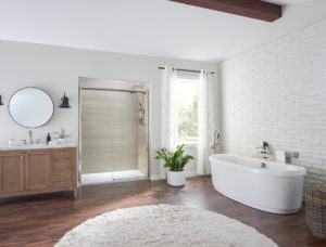 A large, beautiful bathroom with a walk-in shower and bathtub