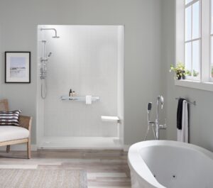A stylish remodel bathroom featuring a white shower with shelving and a floating bathtub