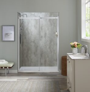 A modern bathroom with a walk-in shower and vanity area
